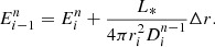 $$ \begin{aligned} E^n_{i-1} = E^n_i + \frac{L_*}{4 \pi r_i^2 D^{n-1}_i} \Delta r. \end{aligned} $$