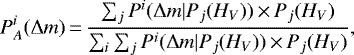 \begin{equation*}P_A^i(\Delta m)\,{=}\,\frac{\sum_j{P^i(\Delta m|P_j(H_{V}))\,{\times}\, P_j(H_{V})}}{\sum_i{\sum_j{P^i(\Delta m|P_j(H_{V}))\,{\times}\, P_j(H_{V})}}},\end{equation*}
