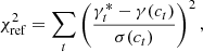 $$ \begin{aligned} \chi ^2_{\rm ref} = \sum _t \left(\frac{\gamma ^*_t - \gamma (c_t)}{\sigma (c_t)}\right)^2, \end{aligned} $$