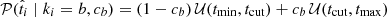 $ \mathcal{P}(\hat{t}_i \mid k_i=b, c_b) = (1-c_b)\,\mathcal{U}(t_{\mathrm{min}},t_{\mathrm{cut}}) + c_b\,\mathcal{U}(t_{\mathrm{cut}},t_{\mathrm{max}}) $