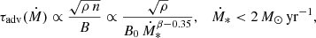 $$ \begin{aligned} \tau _{\rm adv}(\dot{M}) \propto \frac{\sqrt{\rho \,n}}{B} \propto \frac{\sqrt{\rho }}{B_0\,\dot{M}_*^{\beta -0.35}}, \quad \dot{M}_* < 2\,M_\odot \,\mathrm{yr}^{-1}, \end{aligned} $$