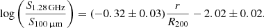 $$ \begin{aligned} \mathrm{log}\left(\frac{S_{\rm 1.28\,GHz}}{S_{\rm 100\,\upmu m}}\right) = (-0.32\pm 0.03) \frac{r}{R_{200}} - 2.02\pm 0.02. \end{aligned} $$