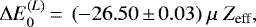 \begin{equation*} \Delta E_0^{(L)} \,{=}\,~(-26.50\,{\pm}\,0.03)~\mu~Z_{\textrm{eff}},\end{equation*}