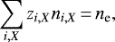 \begin{equation*} \sum_{i,X} z_{i,X} n_{i,X}\,{=}\,n_{\textrm{e}} ,\end{equation*}