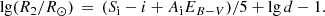 $$ \begin{aligned} \mathrm{lg} (R_2/R_\odot )\,=\,(S_\mathrm{i} -i+A_\mathrm{i} E_{B-V})/5+\mathrm{lg} \,d-1. \end{aligned} $$