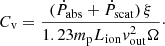$$ \begin{aligned} C_{\mathrm{v}} = \frac{(\dot{P}_{\mathrm{abs}}+\dot{P}_{\mathrm{scat}})\,\xi }{1.23 m_{\mathrm{p}} L_{\mathrm{ion}} { v}_{\mathrm{out}}^2 \Omega }\cdot \end{aligned} $$
