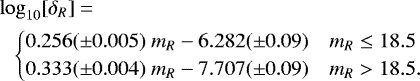 \begin{eqnarray*}&&\hskip-7pt \log_{10}[\delta_{R}]=\nonumber \\&&\begin{cases}0.256({\pm}0.005)~m_{R} -6.282({\pm}0.09) & m_{R} \leq 18.5\\0.333({\pm}0.004)~m_{R} -7.707({\pm}0.09) & m_{R}>18.5.\end{cases}\end{eqnarray*}