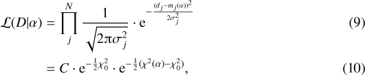 \begin{align*} \mathcal{L}(D|\alpha) &= \prod_j^N \frac{1}{\sqrt{2\piup\sigma_j^2}}\cdot \mathrm{e}^{-\frac{(d_j-m_j(\alpha)){}^2}{2\sigma_j^2}}\\ &= C \cdot \mathrm{e}^{-\frac{1}{2}\chi_0^2}\cdot\mathrm{e}^{-\frac{1}{2}(\chi^2(\alpha)-\chi_0^2)}, \end{align*}