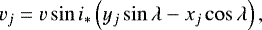 \begin{equation*}v_j = v \sin{i_*} \left (y_j \sin{\lambda} - x_j \cos{\lambda} \right),\end{equation*}