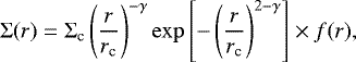 \begin{equation*}\Sigma(r) = \Sigma_{\textrm{c}} \left(\frac{r}{r_{\textrm{c}}} \right)^{-\gamma} \exp \left[-\left(\frac{r}{r_{\textrm{c}}} \right)^{2-\gamma} \right] \times f(r),\end{equation*}