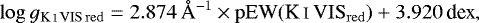 \begin{equation*}\log g_{\mathrm{\ion{K}{i}\,VIS\,red}}= 2.874\,\AA^{-1} \times \mathrm{pEW(\ion{K}{i}\,VIS_{red})} + 3.920\,\textrm{dex},\end{equation*}