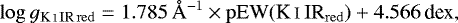 \begin{equation*}\log g_{\mathrm{\ion{K}{i}\,IR\,red}}= 1.785\,\AA^{-1} \times \mathrm{pEW(\ion{K}{i}\,IR_{red})} + 4.566\,\textrm{dex,}\end{equation*}