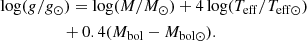 $$ \begin{aligned}&\log ({g}/{g}_{\odot }) = \log (M/M_{\odot }) + 4\log (T_{\rm eff}/T_{\rm eff\odot }) \nonumber \\&\qquad \qquad \quad + 0.4(M_{\rm bol} - M_{\rm bol\odot }) .\end{aligned} $$