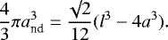 \begin{equation*}\frac{4}{3} \pi a_{\textrm{nd}}^3 = \frac{\surd 2}{12} (l^3 - 4 a^3).\end{equation*}
