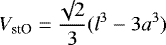 \begin{equation*}V_{\textrm{stO}} = \frac{\surd 2}{3} (l^3 - 3 a^3)\end{equation*}