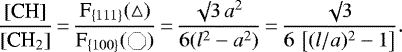 \begin{equation*}\frac{\textrm{[CH]}}{[\textrm{CH}_2]}\,{=}\,\frac{\textrm{F}_{\{111\}} (\triangle)}{\textrm{F}_{\{100\}} ({\octagon})}\,{=}\,\frac{\surd 3 \, a^2}{6 (l^2 - a^2)}\,{=}\,\frac{\surd 3}{6 \, \left[(l/a)^2 - 1 \right]}.\end{equation*}