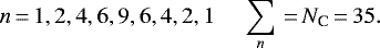 \[n \,{=}\,1, 2, 4, 6, 9, 6, 4, 2, 1 \ \ \ \ \ \sum_n \,{=}\,N_{\textrm{C}} \,{=}\,35.\]