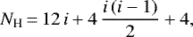 \begin{equation*}N_{\textrm{H}} \,{=}\,12 \, i + 4 \, \frac{i \, (i-1)}{2} + 4,\end{equation*}