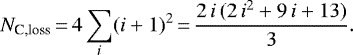 \begin{equation*}N_{\textrm{C,loss}} \,{=}\,4 \sum_i (i+1)^2 \,{=}\,\frac{2 \, i \, (2 \, i^2 + 9 \, i + 13)}{3}.\end{equation*}
