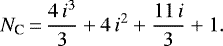 \begin{equation*}N_{\textrm{C}} \,{=}\,\frac{4 \, i^3}{3} + 4 \, i^2 + \frac{11 \, i}{3} + 1.\end{equation*}