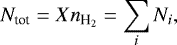 \begin{equation*} N_{\textrm{tot}} = Xn_{\textrm{H}_2} = \sum_i N_i ,\end{equation*}