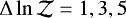$\Delta\ln\mathcal{Z}=1, 3, 5$