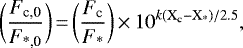 \begin{equation*}\bigg(\frac{F_{\textrm{c,0}}}{F_{\textrm{*,0}}}\bigg)\,{=}\,\bigg(\frac{F_{\textrm{c}}}{F_{\textrm{*}}}\bigg)\,{\times}\,10^{k \rm (X_{\textrm{c}} - X_{\textrm{*}})/2.5},\end{equation*}