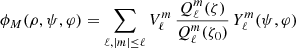 $$ \begin{aligned} \phi _M(\rho ,\psi ,\varphi ) = \sum _{\ell ,|m|\le \ell } V_\ell ^m \, \frac{Q_\ell ^m(\zeta )}{Q_\ell ^m(\zeta _0)} \, Y_\ell ^m(\psi ,\varphi ) \end{aligned} $$