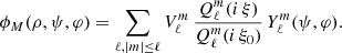 $$ \begin{aligned} \phi _M(\rho ,\psi ,\varphi ) = \sum _{\ell ,|m|\le \ell } V_\ell ^m \, \frac{Q_\ell ^m(i\,\xi )}{Q_\ell ^m(i\,\xi _0)} \, Y_\ell ^m(\psi ,\varphi ). \end{aligned} $$