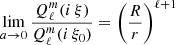 $$ \begin{aligned} \lim _{a\rightarrow 0}\frac{Q_\ell ^m(i\,\xi )}{Q_\ell ^m(i\,\xi _0)} = \left( \frac{R}{r} \right)^{\ell +1} \end{aligned} $$