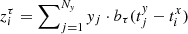 $ z^\tau_i = \sum\nolimits^{N_{\mathit{y}}}_{j=1}\mathit{y}_j \cdot b_\tau(t^{\mathit{y}}_j-t^x_i) $
