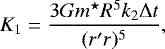 \begin{equation*}K_1 = {3 Gm^{\star} R^5 k_2 \Delta t\over (r\prime r)^5},\end{equation*}