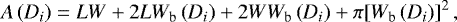 \begin{equation*} A\left(D_i\right) = LW+2LW_{\textrm{b}}\left(D_i\right)+2WW_{\textrm{b}}\left(D_i\right)+\pi [W_{\textrm{b}}\left(D_i\right)]^{2} \,, \end{equation*}