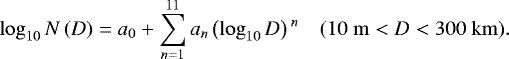 \begin{equation*}\log_{10}{N\left(D\right) = a_0+\sum_{n=1}^{11} a_n \left(\log_{10}{D}\right){}^{n}} \quad (10 \; \mathrm{m} < D < 300 \; \mathrm{km}). \end{equation*}