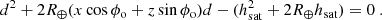 $$ \begin{aligned} d^2 + 2 R_\oplus ( x \cos \phi _\mathrm{o} + z \sin \phi _\mathrm{o} ) d - (h_\mathrm{sat} ^2 + 2 R_\oplus h_\mathrm{sat} ) = 0\ . \end{aligned} $$