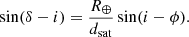 $$ \begin{aligned} \sin (\delta -i) = \frac{R_\oplus }{d_\mathrm{sat} } \sin (i-\phi ). \end{aligned} $$