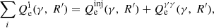 $$ \begin{aligned} \sum _{i} Q_{\rm e}^\mathrm{i}(\gamma ,\ R^{\prime })= Q_{\rm e}^\mathrm{inj}(\gamma ,\ R^{\prime }) +Q_{\rm e}^{\gamma \gamma }(\gamma ,\ R^{\prime }), \end{aligned} $$