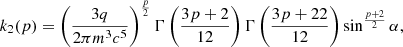 $$ \begin{aligned} k_{\rm 2}(p)=\left(\frac{3q}{2\pi m^3 c^5}\right)^{\frac{p}{2}}\Gamma \left(\frac{3p+2}{12}\right)\Gamma \left(\frac{3p+22}{12}\right)\sin ^{\frac{p+2}{2}}\alpha , \end{aligned} $$
