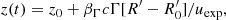 $$ \begin{aligned} z(t)=z_{\rm 0}+\beta _{\Gamma } c\Gamma [R^{\prime }-R^{\prime }_{\rm 0}]/u_{\rm exp} ,\end{aligned} $$