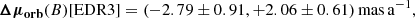 $$ \begin{aligned}&\boldsymbol{\Delta \mu _\mathrm{orb} }(B)[\mathrm{EDR3} ] = (-2.79 \pm 0.91 , +2.06 \pm 0.61)\,\mathrm {mas\,a} ^{-1}, \end{aligned} $$