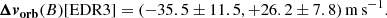 $$ \begin{aligned}&\boldsymbol{\Delta { v}_\mathrm{orb} }(B)[\mathrm{EDR3} ] = (-35.5 \pm 11.5 , +26.2 \pm 7.8)\,\mathrm {m\,s} ^{-1}. \end{aligned} $$