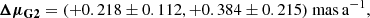 $$ \begin{aligned}&\boldsymbol{\Delta \mu _\mathrm{G2} } = (+0.218 \pm 0.112, +0.384 \pm 0.215)\ \mathrm {mas\,a} ^{-1} , \end{aligned} $$