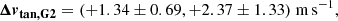 $$ \begin{aligned}&\boldsymbol{\Delta { v}_\mathrm{tan,G2} } = (+1.34 \pm 0.69, +2.37 \pm 1.33)\ \mathrm {m\,s} ^{-1}, \end{aligned} $$
