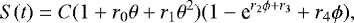 \begin{equation*}S(t) = C(1 + r_0\theta + r_1\theta^2)(1 - \textrm{e}^{r_2\phi + r_3} + r_4\phi),\end{equation*}