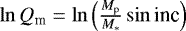 $\ln Q_{\textrm{m}} = \ln \left(\frac{M_{\textrm{p}}}{M_*} \sin{\textrm{inc}} \right) $