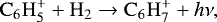 \begin{equation*}\mathrm{C}_6\mathrm{H}_5^+ + \mathrm{H}_2 \rightarrow \mathrm{C}_6\mathrm{H}_7^+ + h\nu, \end{equation*}
