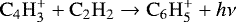 \begin{equation*}\mathrm{C}_4\mathrm{H}_3^+ + \mathrm{C}_2\mathrm{H}_2 \rightarrow \mathrm{C}_6\mathrm{H}_5^+ + h\nu \end{equation*}