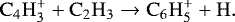 \begin{equation*}\mathrm{C}_4\mathrm{H}_3^+ + \mathrm{C}_2\mathrm{H}_3 \rightarrow \mathrm{C}_6\mathrm{H}_5^+ + \mathrm{H}. \end{equation*}