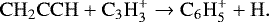 \begin{equation*}\mathrm{CH}_2\mathrm{CCH} + \mathrm{C}_3\mathrm{H}_3^+ \rightarrow \mathrm{C}_6\mathrm{H}_5^+ + \mathrm{H}. \end{equation*}