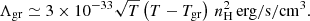 $$ \begin{aligned} \Lambda _{\rm gr} \simeq 3 \times 10^{-33}\sqrt{T}\left( T-T_{\rm gr} \right) \,n_{\rm H}^2 \, \mathrm {erg}/\mathrm {s}/\mathrm {cm}^3. \end{aligned} $$